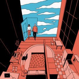 Illustration depicting two people entering a rooom with an open blue sky behind them